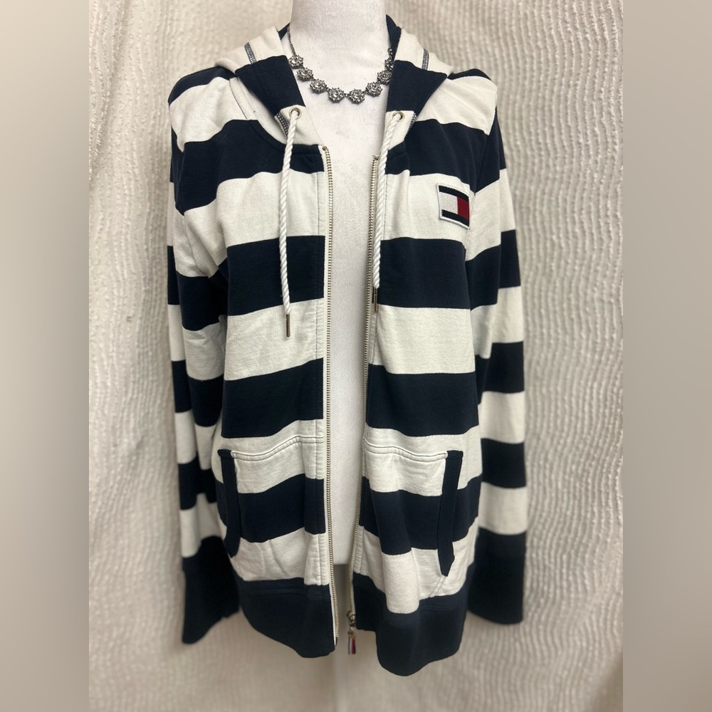 Tommy Hilfiger Striped Zip Up Sweatshirt XL Blue White Y2K Streetwear - Picture 2 of 15
